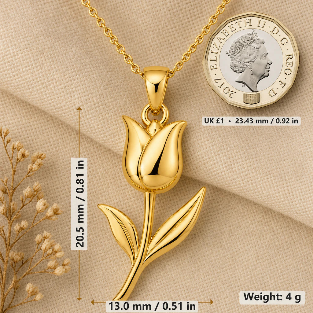 Tulip necklace size image showing 20.5 mm height, 13 mm width and 4 g weight beside a UK pound coin