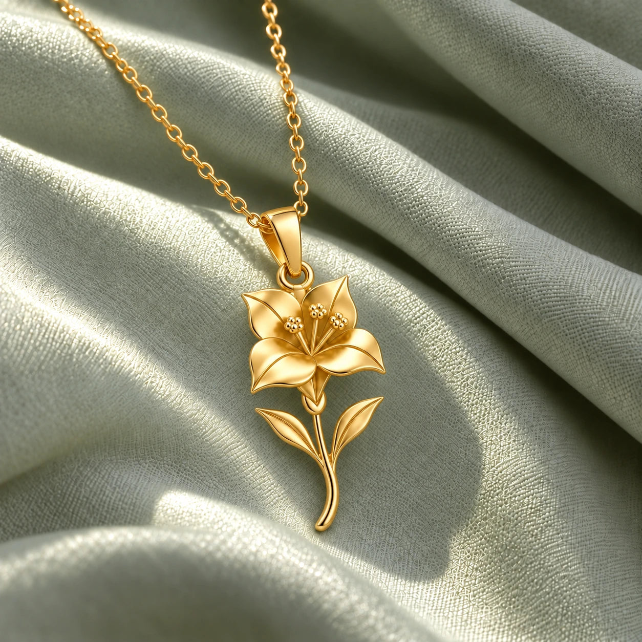 18k gold plated bougainvillea necklace on sage fabric