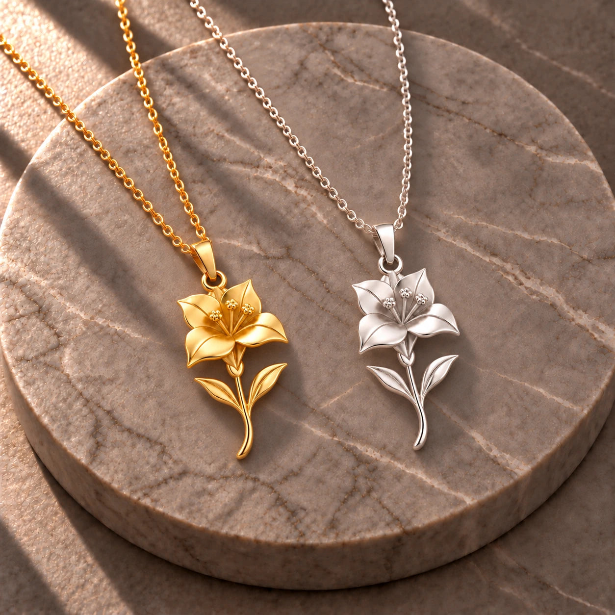 Sterling silver and gold plated bougainvillea necklaces on marble