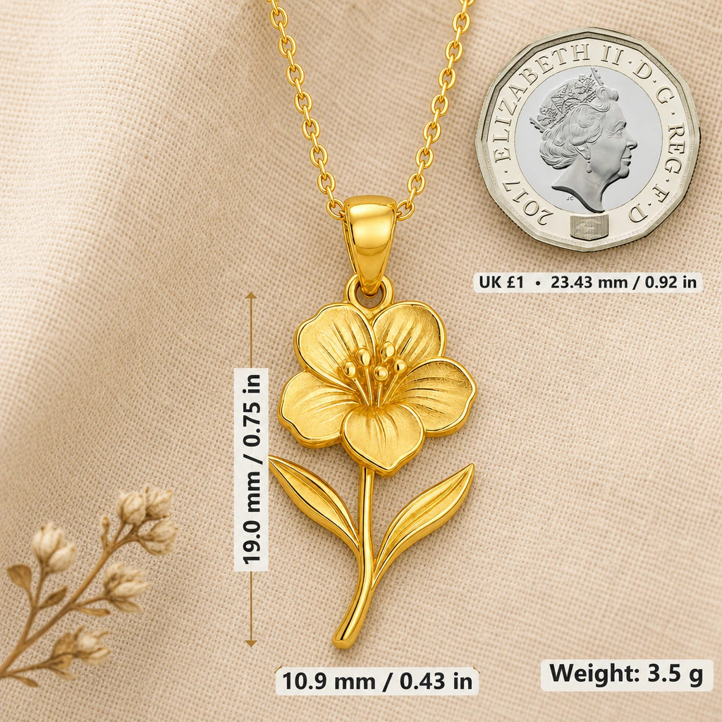 Wallflower necklace size image showing 19 mm height, 10.9 mm width and 3.5 g weight beside a UK pound coin