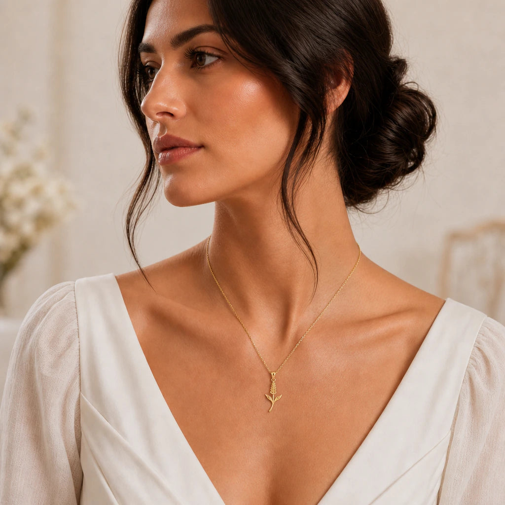 Veronica flower pendant necklace worn by a model