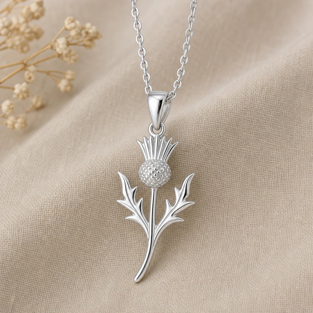 Close-up of silver thistle pendant with spiked crown and jagged leaves