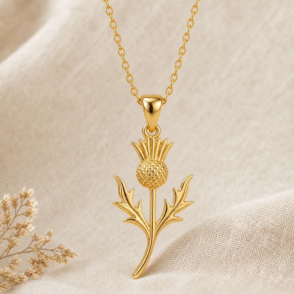 Thistle flower pendant necklace in 18k gold plated sterling silver