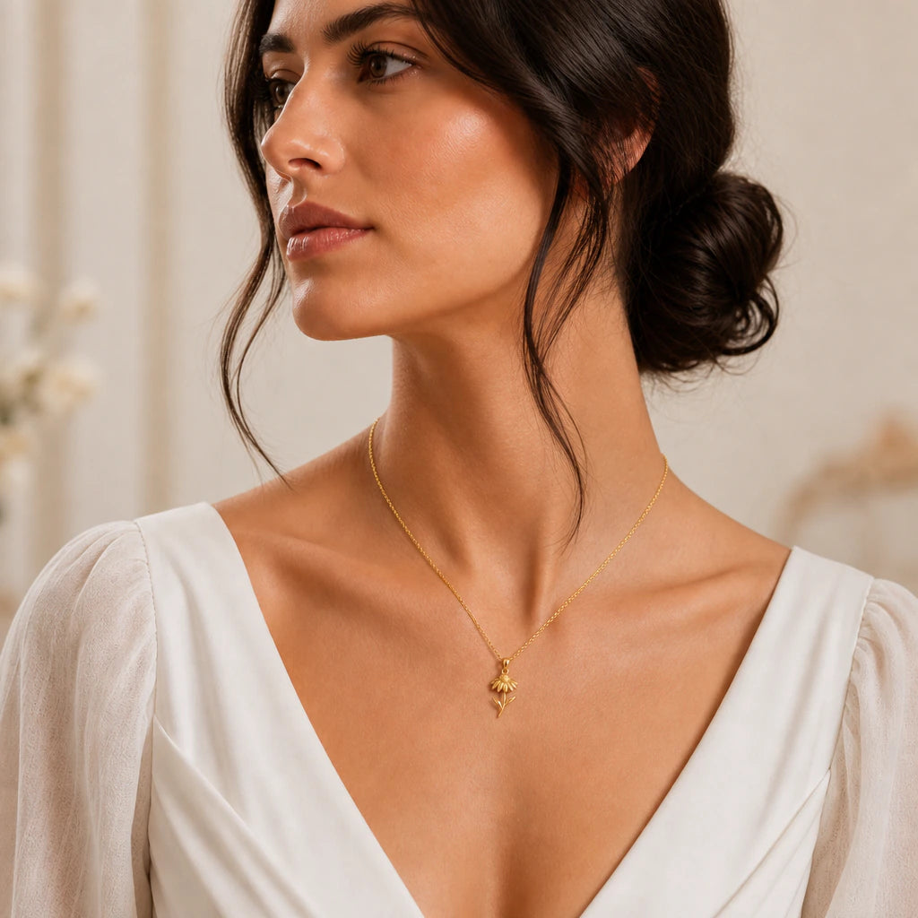 Echinacea flower pendant necklace worn by a model