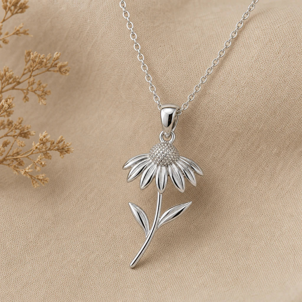 Echinacea flower pendant necklace in 925 sterling silver