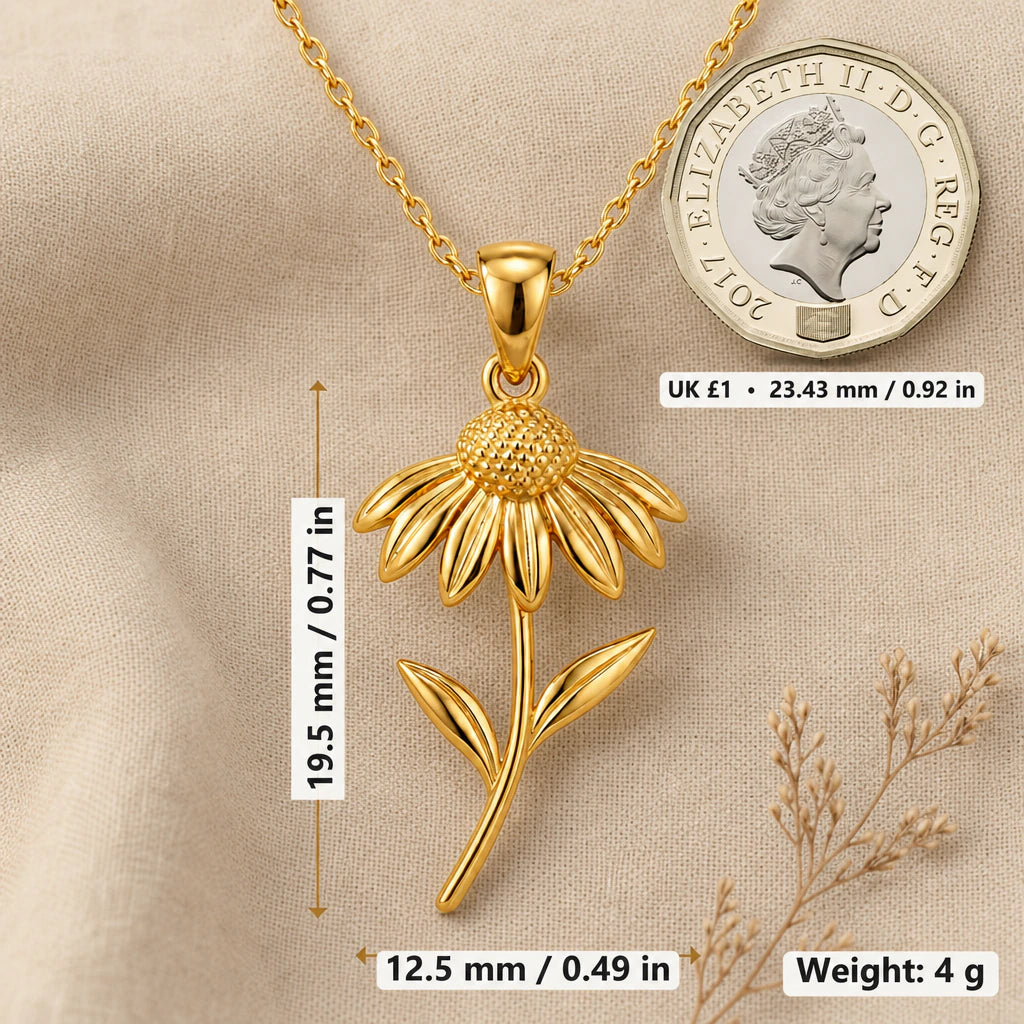 Echinacea necklace size image showing 19.5 mm height, 12.5 mm width and 4 g weight beside a UK pound coin