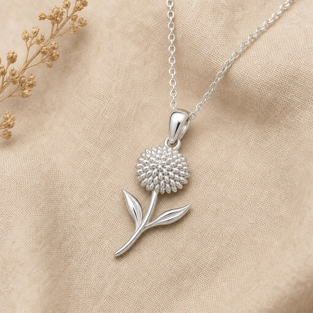 Allium flower pendant necklace in 925 sterling silver on cream linen