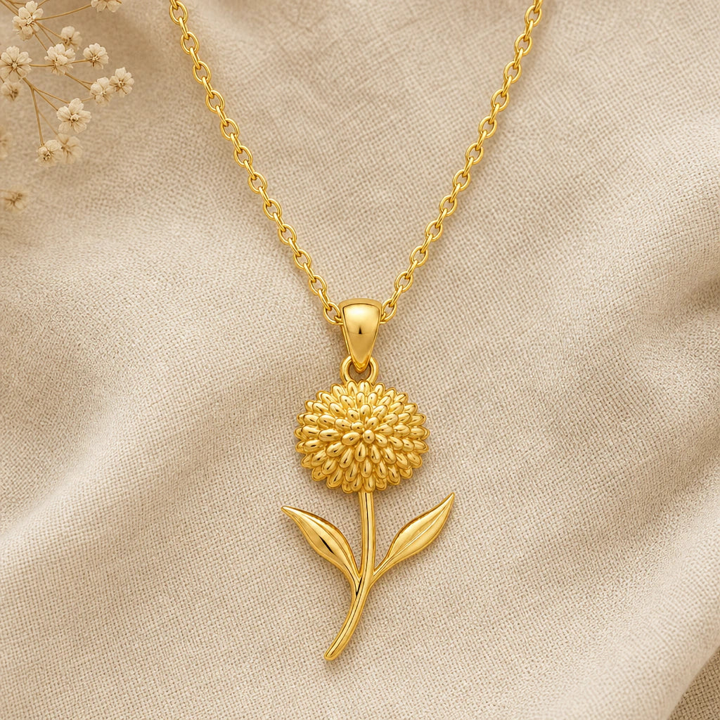 Allium flower pendant necklace in 18k gold plated sterling silver on cream linen