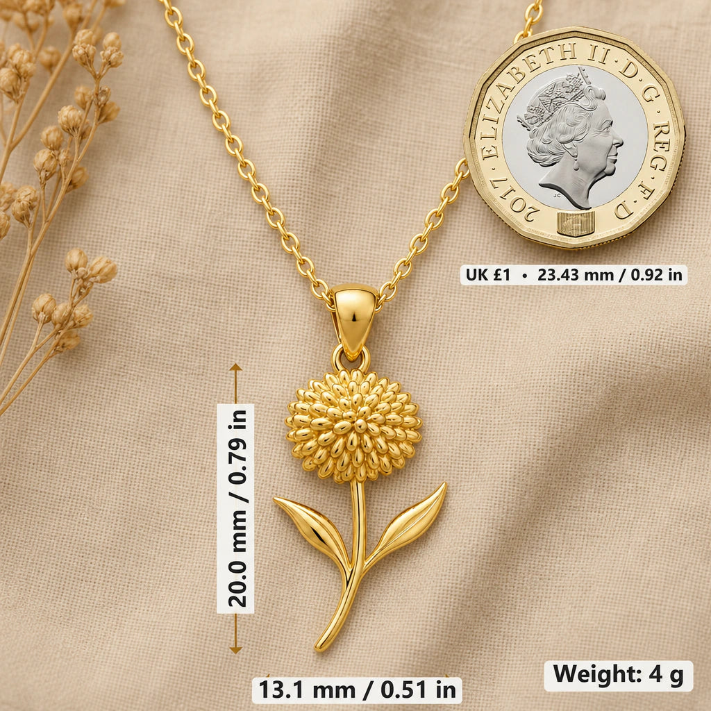 Allium flower necklace pendant size 20 mm by 13.1 mm with UK pound coin for scale