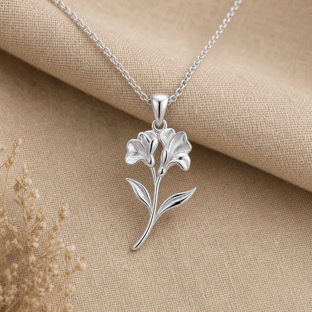 Sweet pea flower pendant necklace in 925 sterling silver