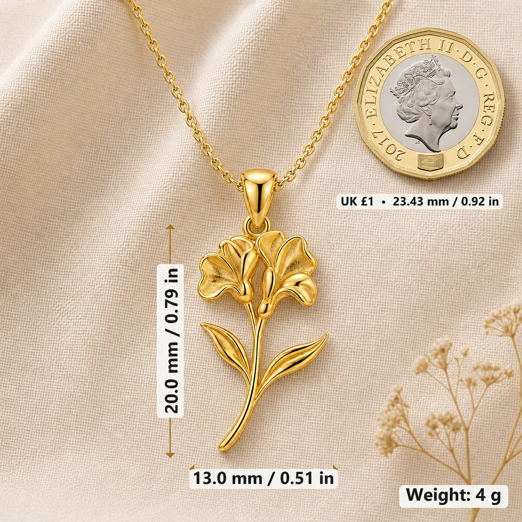 Sweet pea necklace size image showing 20 mm height, 13 mm width and 4 g weight beside a UK pound coin
