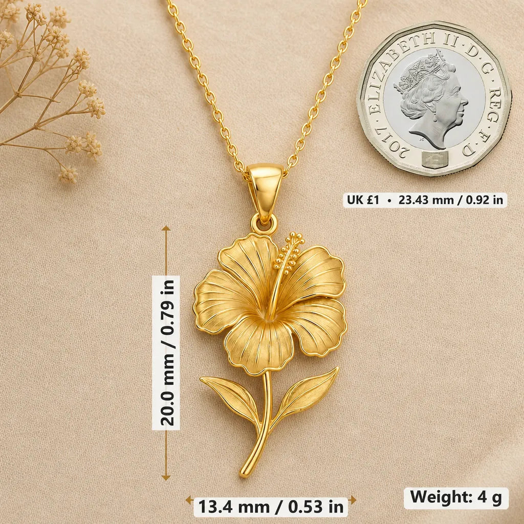Hibiscus flower pendant necklace size image showing 20 mm height, 13.4 mm width and 4 g weight