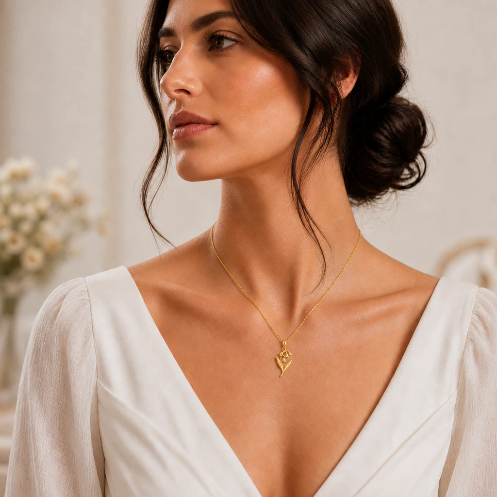 Lily of the valley pendant necklace worn by a model