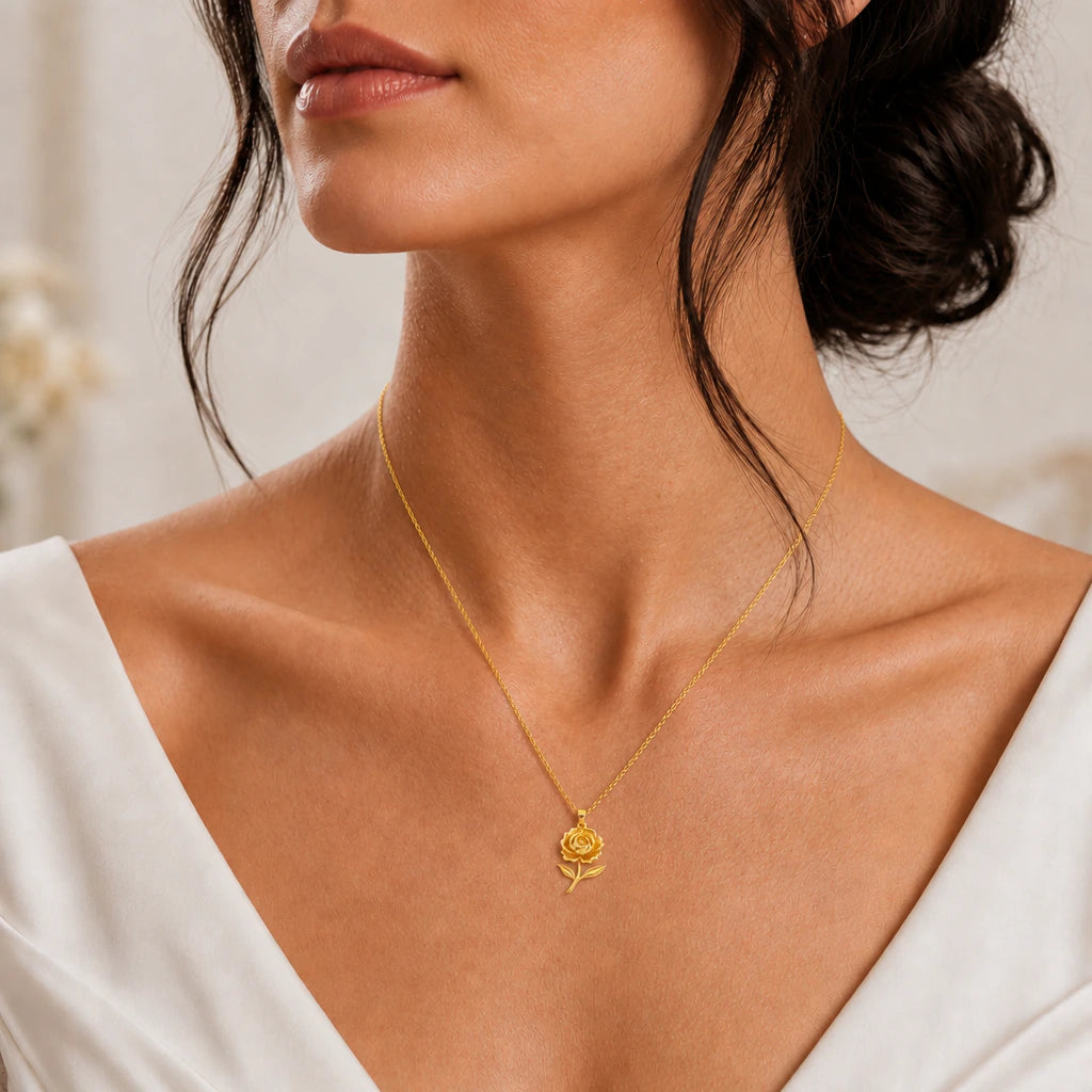 Peony flower pendant necklace worn, close-up
