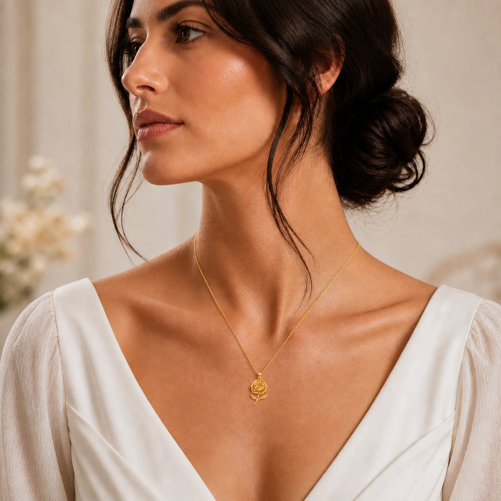 Peony flower pendant necklace worn by a model