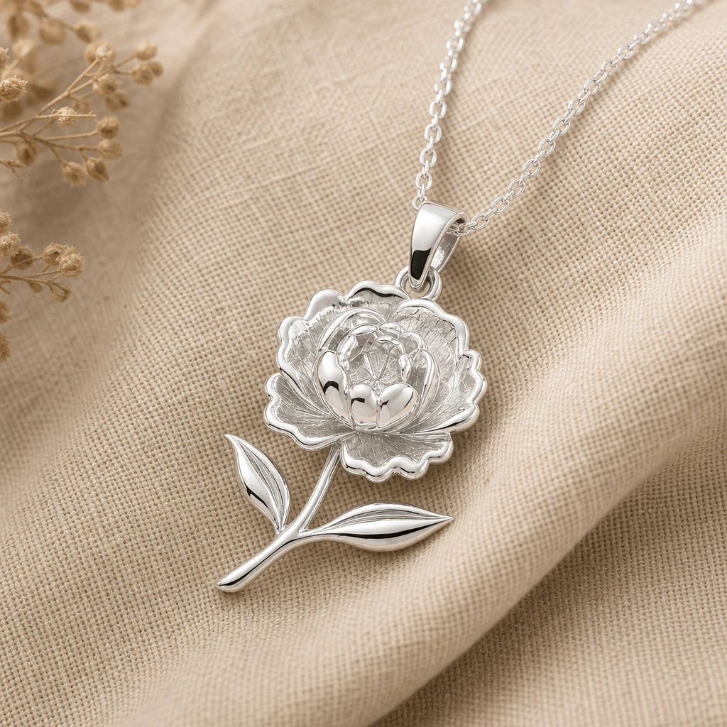 Peony flower pendant necklace in 925 sterling silver