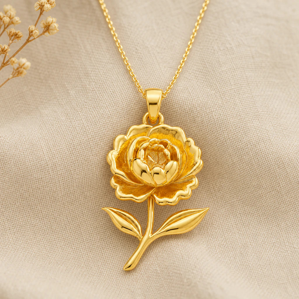 Peony flower pendant necklace in 18k gold plated sterling silver
