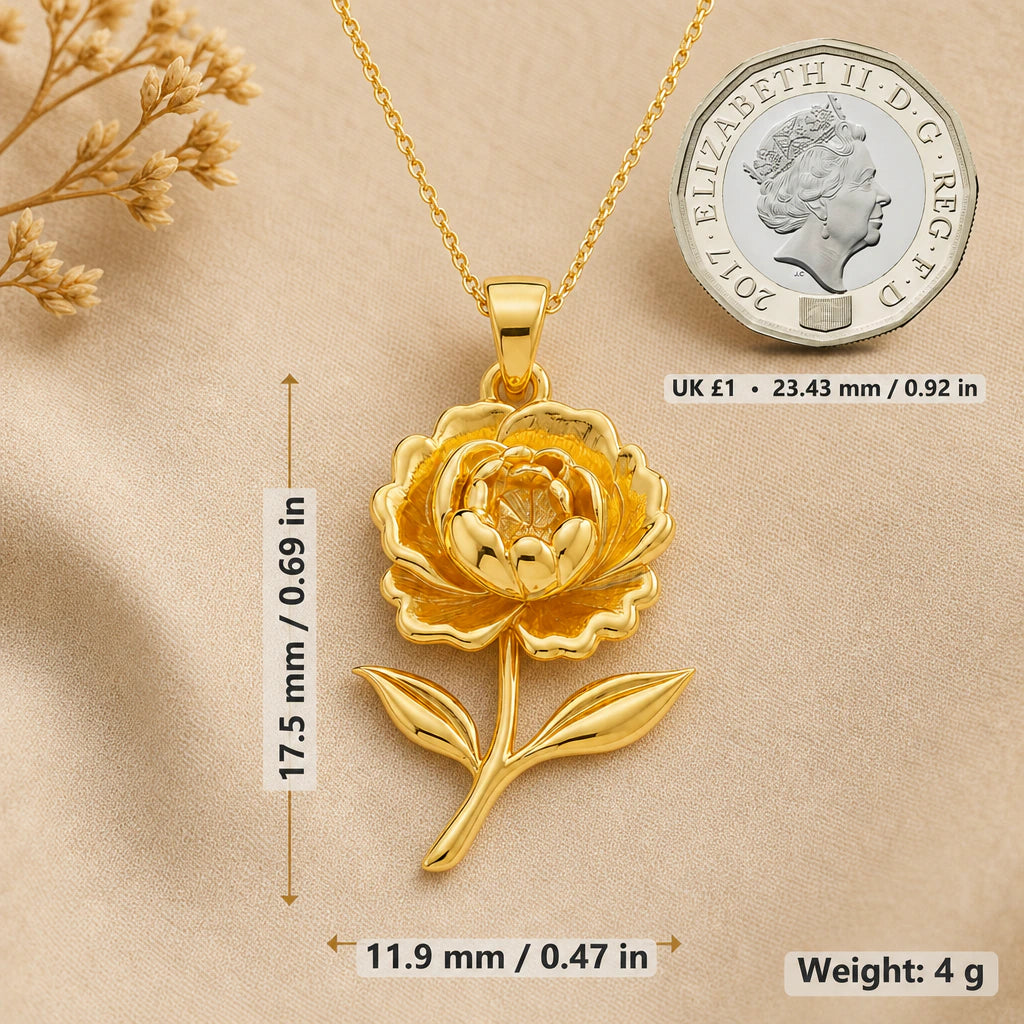 Peony necklace size image showing 17.5 mm height, 11.9 mm width and 4 g weight beside a UK pound coin