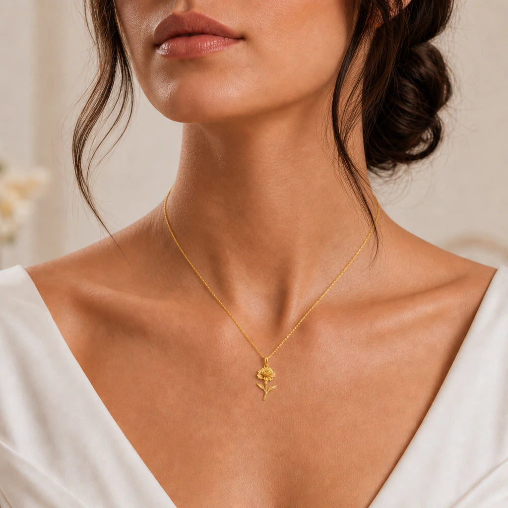 Carnation flower pendant necklace worn, close-up