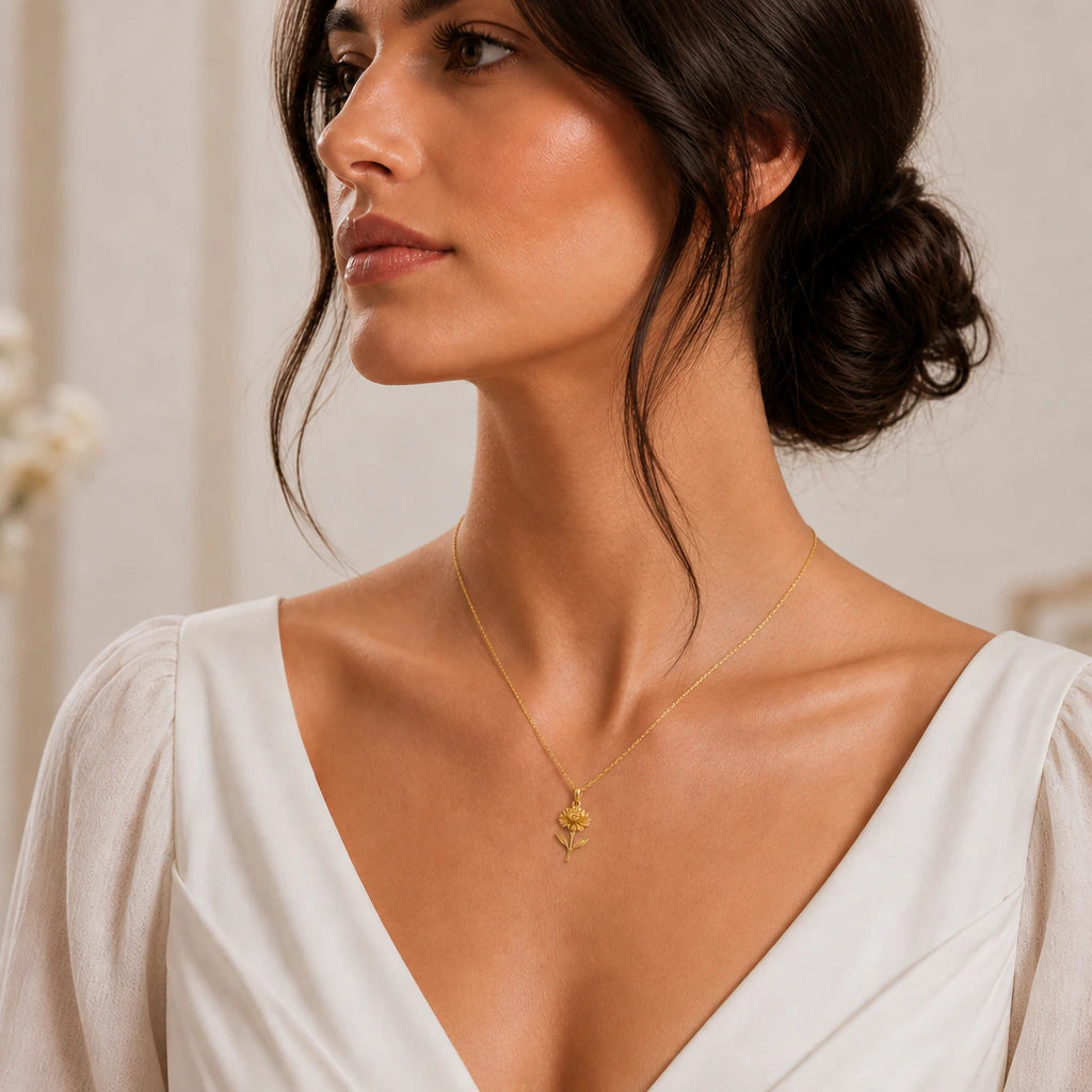 Carnation flower pendant necklace worn by a model