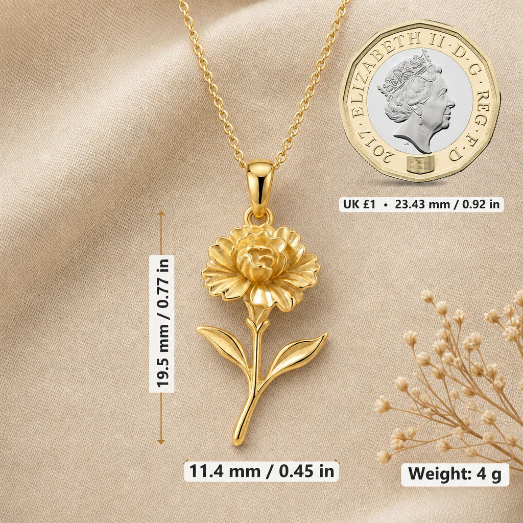Carnation necklace size image showing 19.5 mm height, 11.4 mm width and 4 g weight beside a UK pound coin