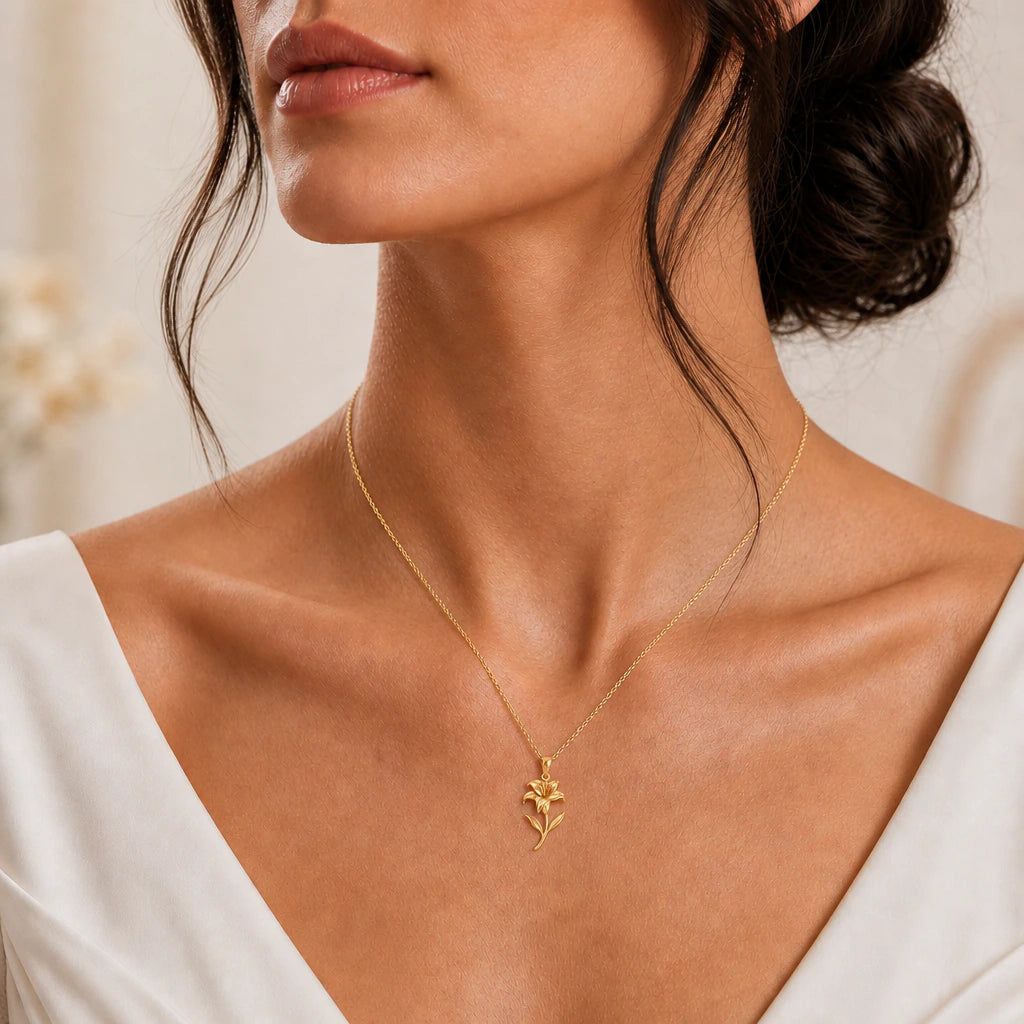 Trumpet lily flower pendant necklace worn, close-up