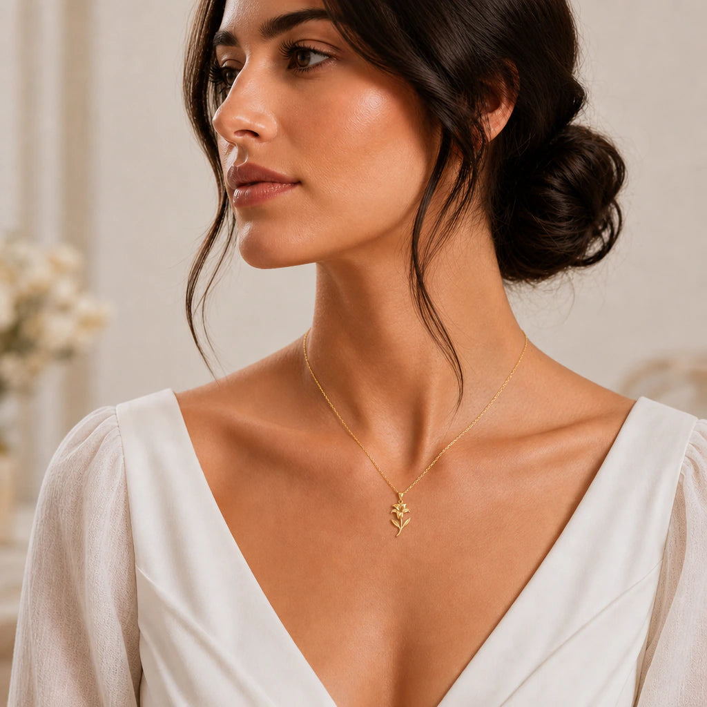 Trumpet lily flower pendant necklace worn by a model