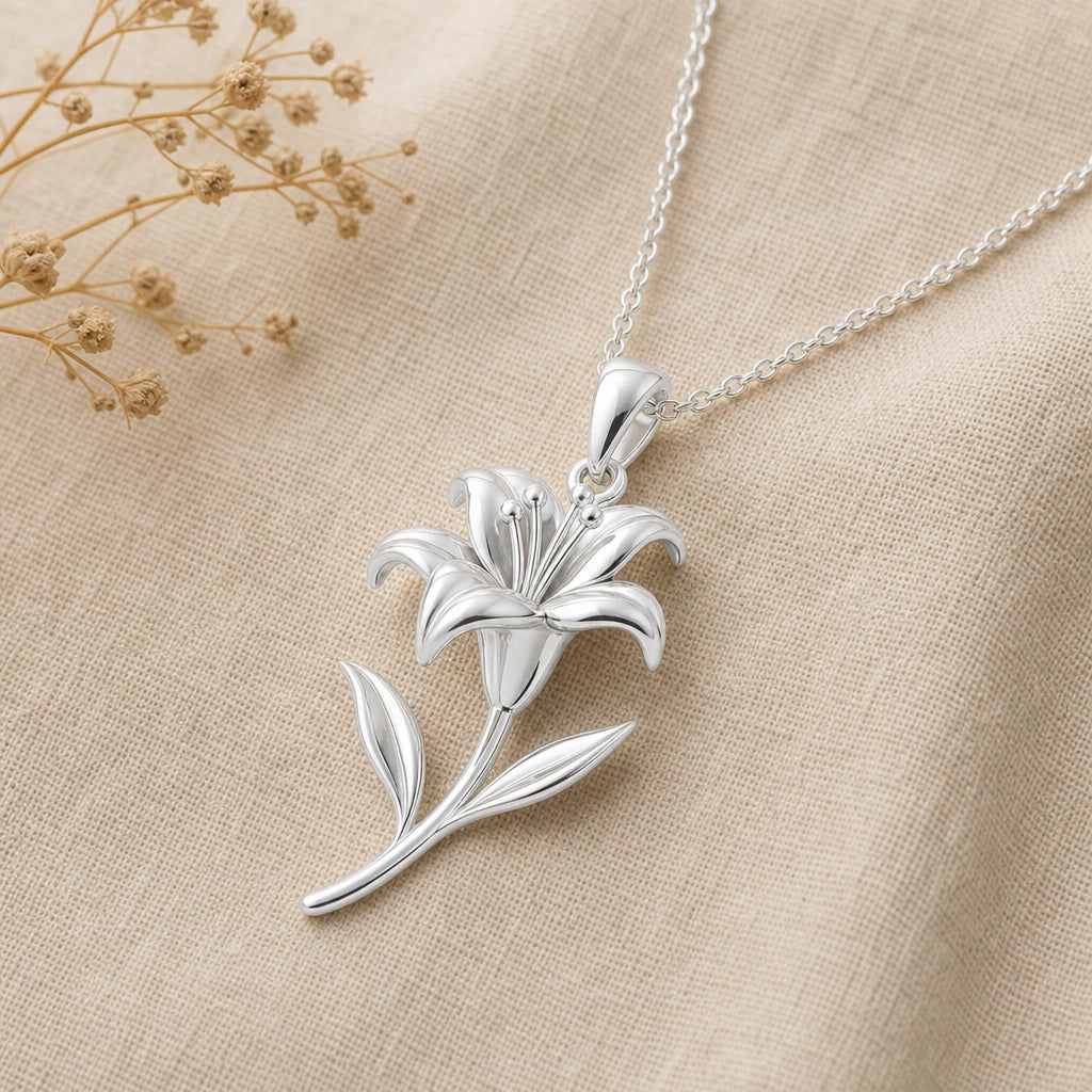 Trumpet lily flower pendant necklace in 925 sterling silver