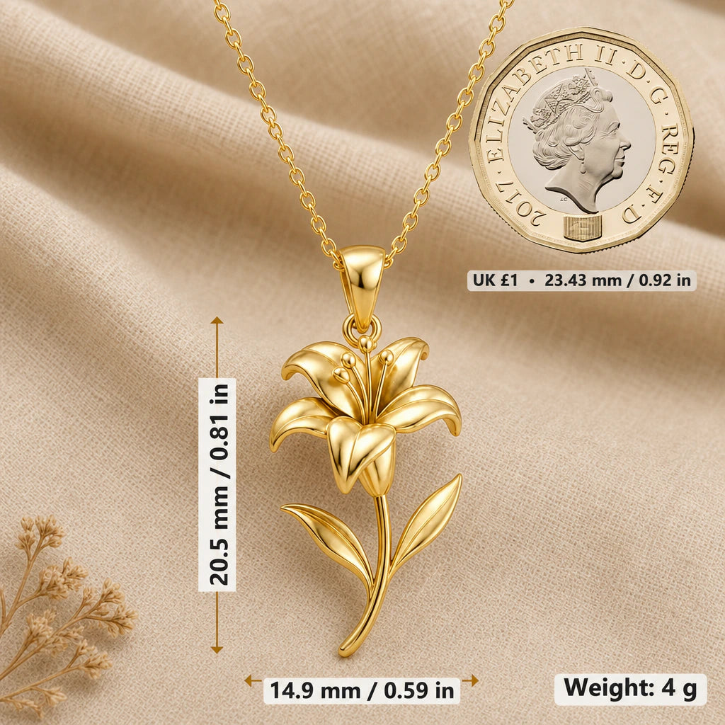 Trumpet lily necklace size image showing 20.5 mm height, 14.9 mm width and 4 g weight beside a UK pound coin
