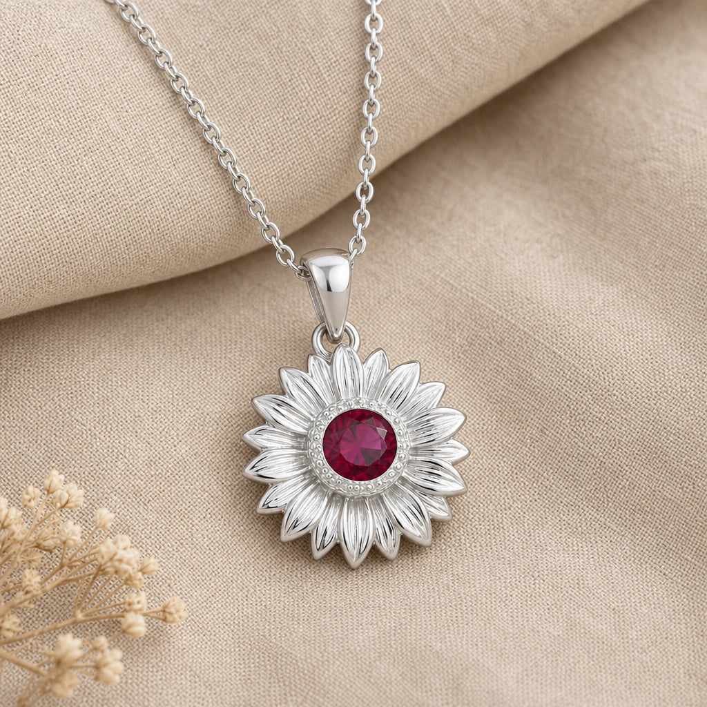 Sunflower Petal Birthstone Pendant Necklace in sterling silver