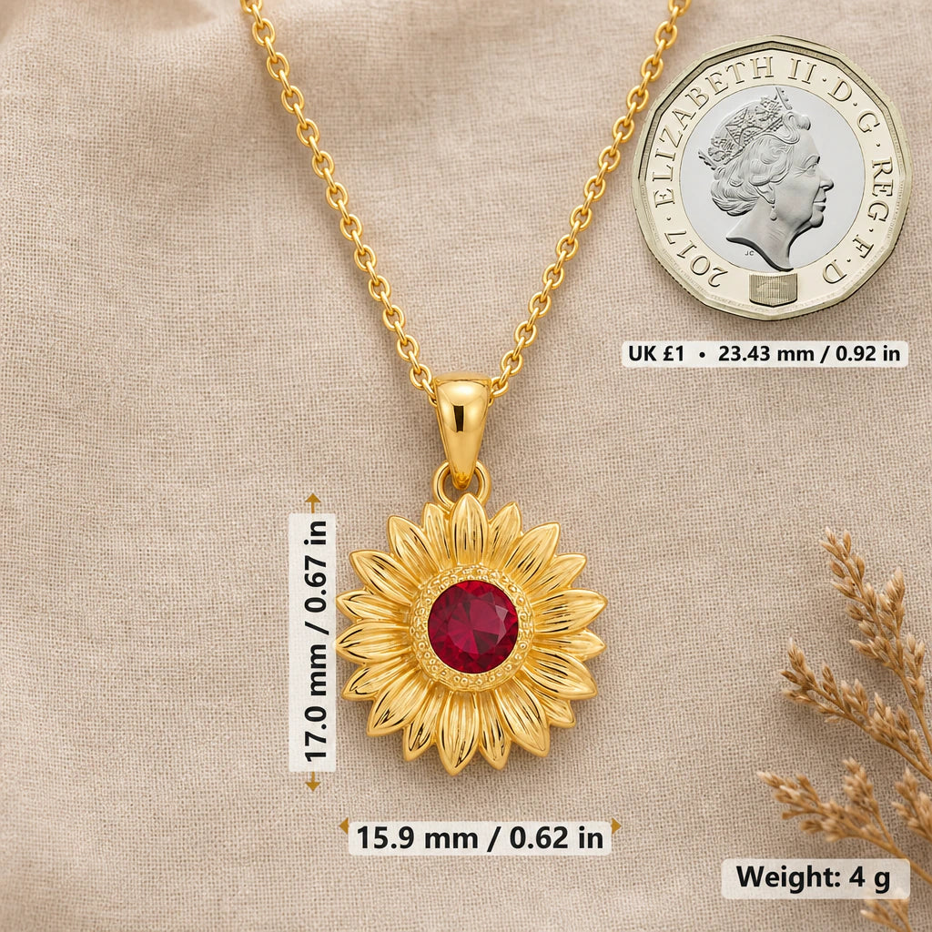 Sunflower Petal Birthstone Pendant Necklace size guide, 17 by 15.9 mm