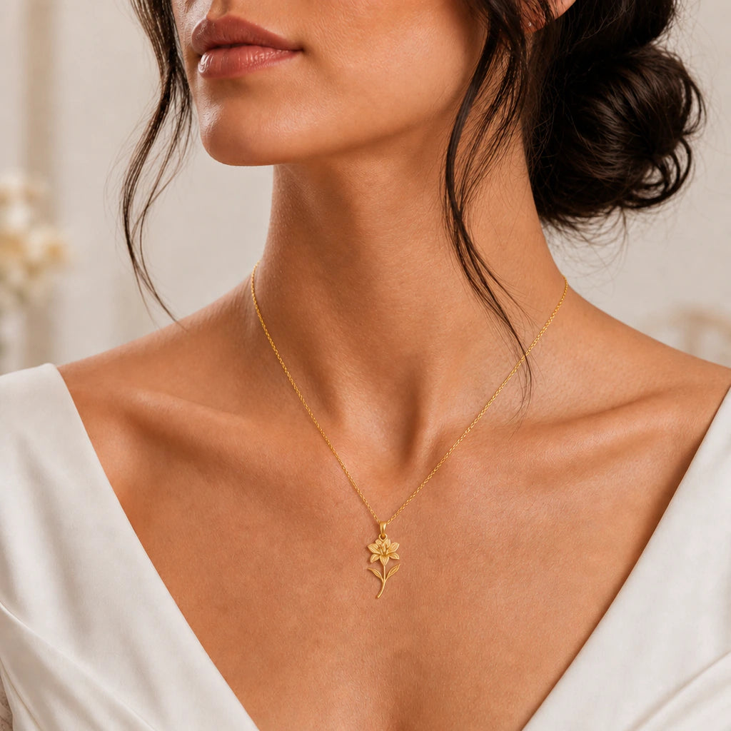 Alstroemeria flower pendant necklace worn, close-up