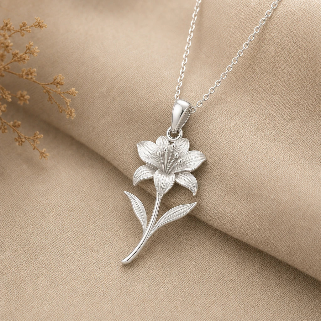 Close-up of silver alstroemeria pendant with six ribbed petals and stamens