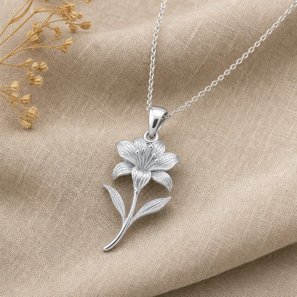 Alstroemeria flower pendant necklace in 925 sterling silver