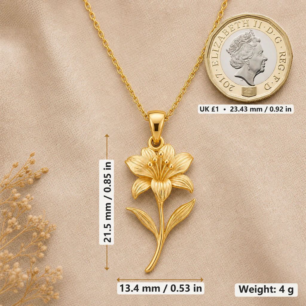 Alstroemeria necklace size image showing 21.5 mm height, 13.4 mm width and 4 g weight beside a UK pound coin