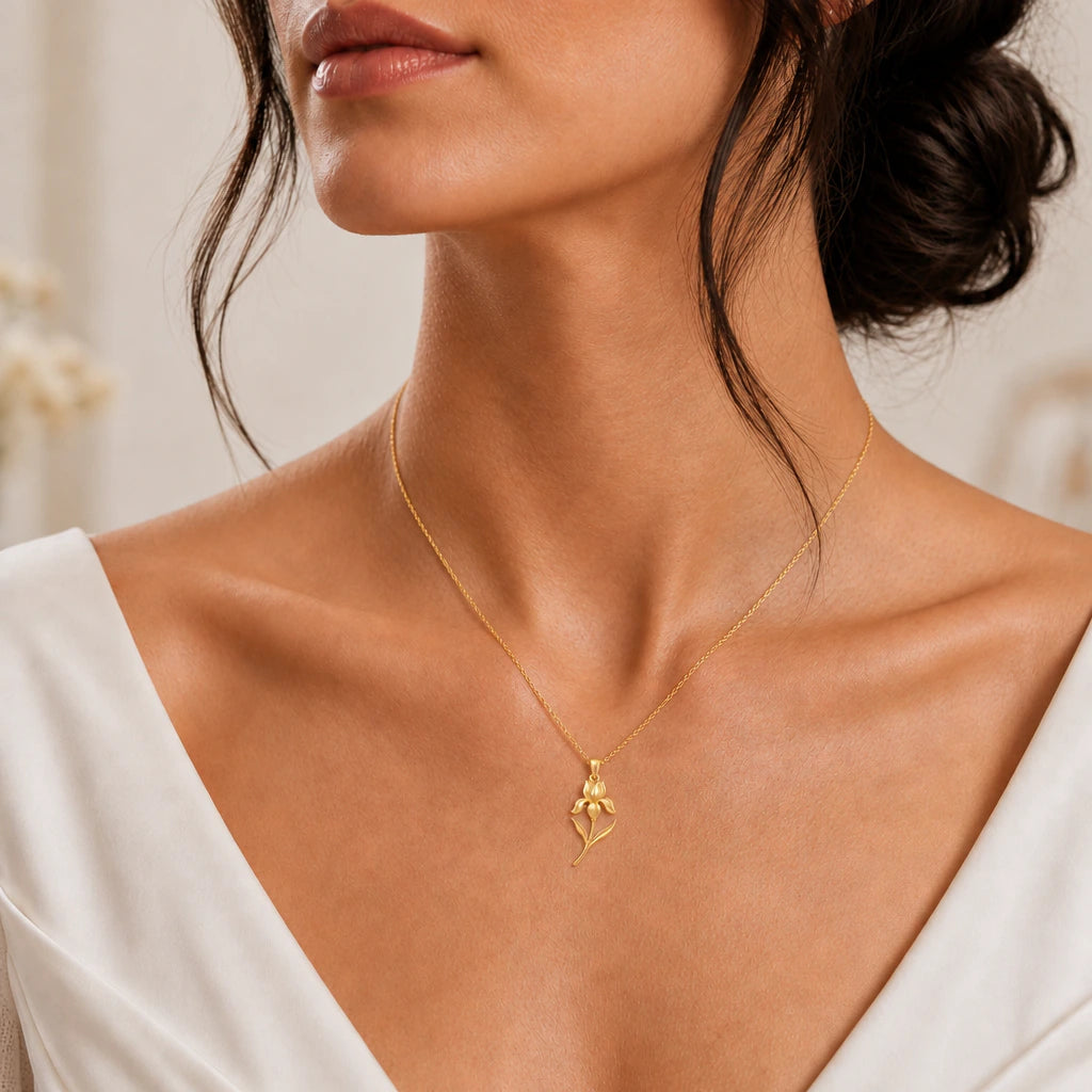 Iris flower pendant necklace worn, close-up