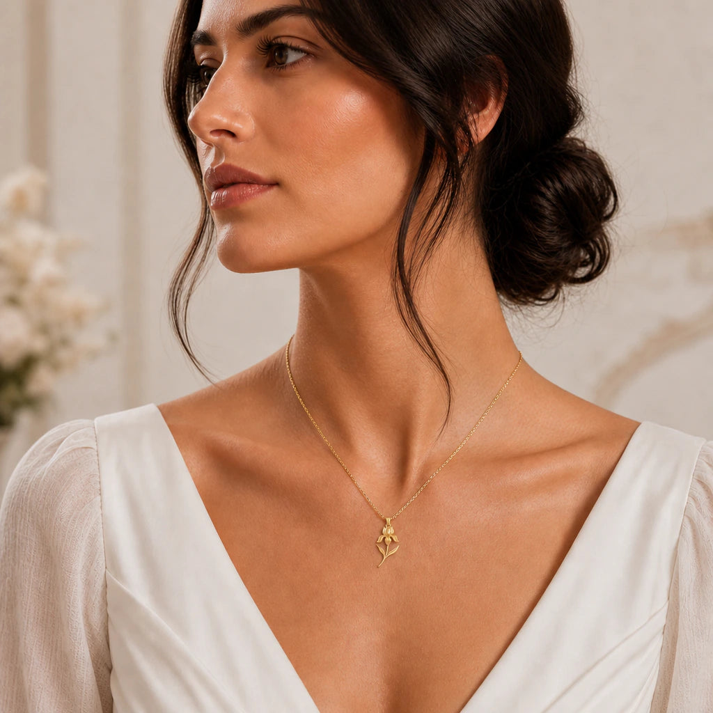 Iris flower pendant necklace worn by a model