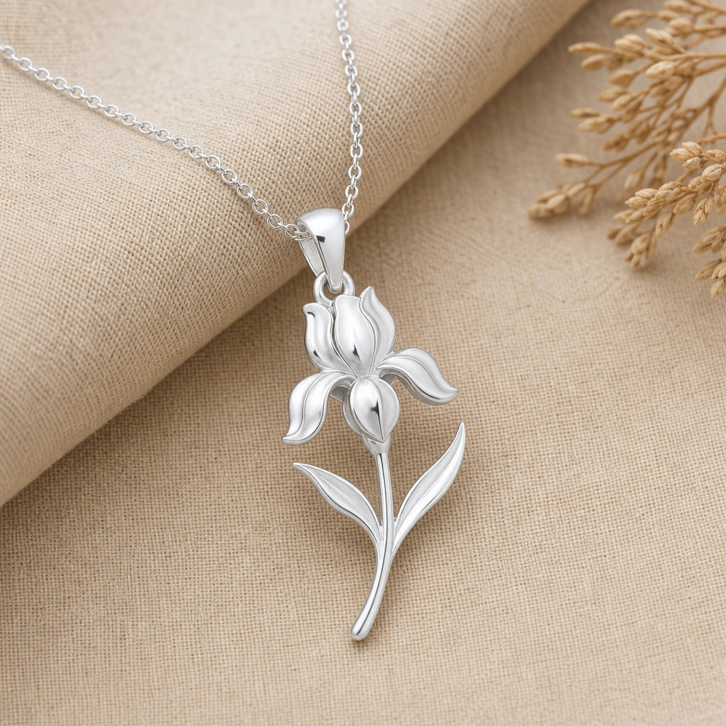 Iris flower pendant necklace in 925 sterling silver