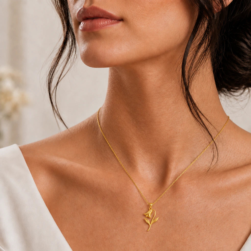 Bluebell flower pendant necklace worn, close-up