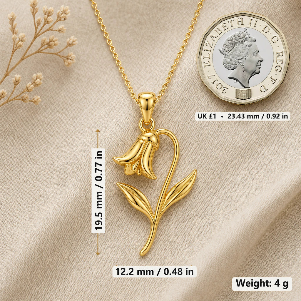 Bluebell necklace size image showing 19.5 mm height, 12.2 mm width and 4 g weight beside a UK pound coin