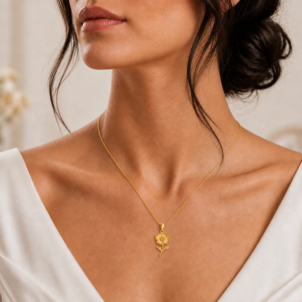 Open poppy bloom pendant necklace worn, close-up