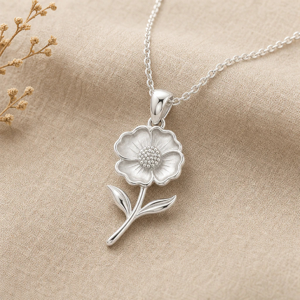 Open poppy bloom pendant necklace in 925 sterling silver