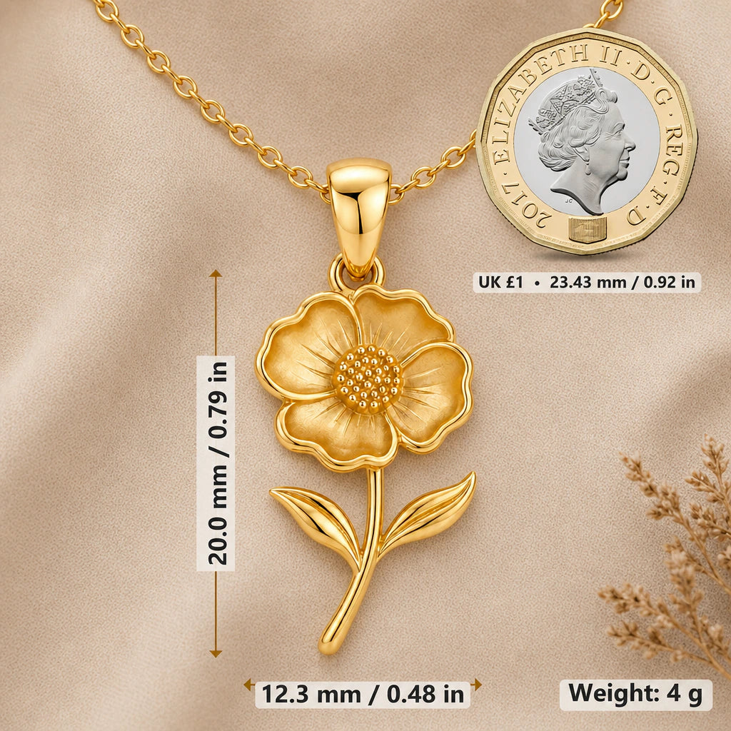 Poppy bloom necklace size image showing 20 mm height, 12.3 mm width and 4 g weight beside a UK pound coin
