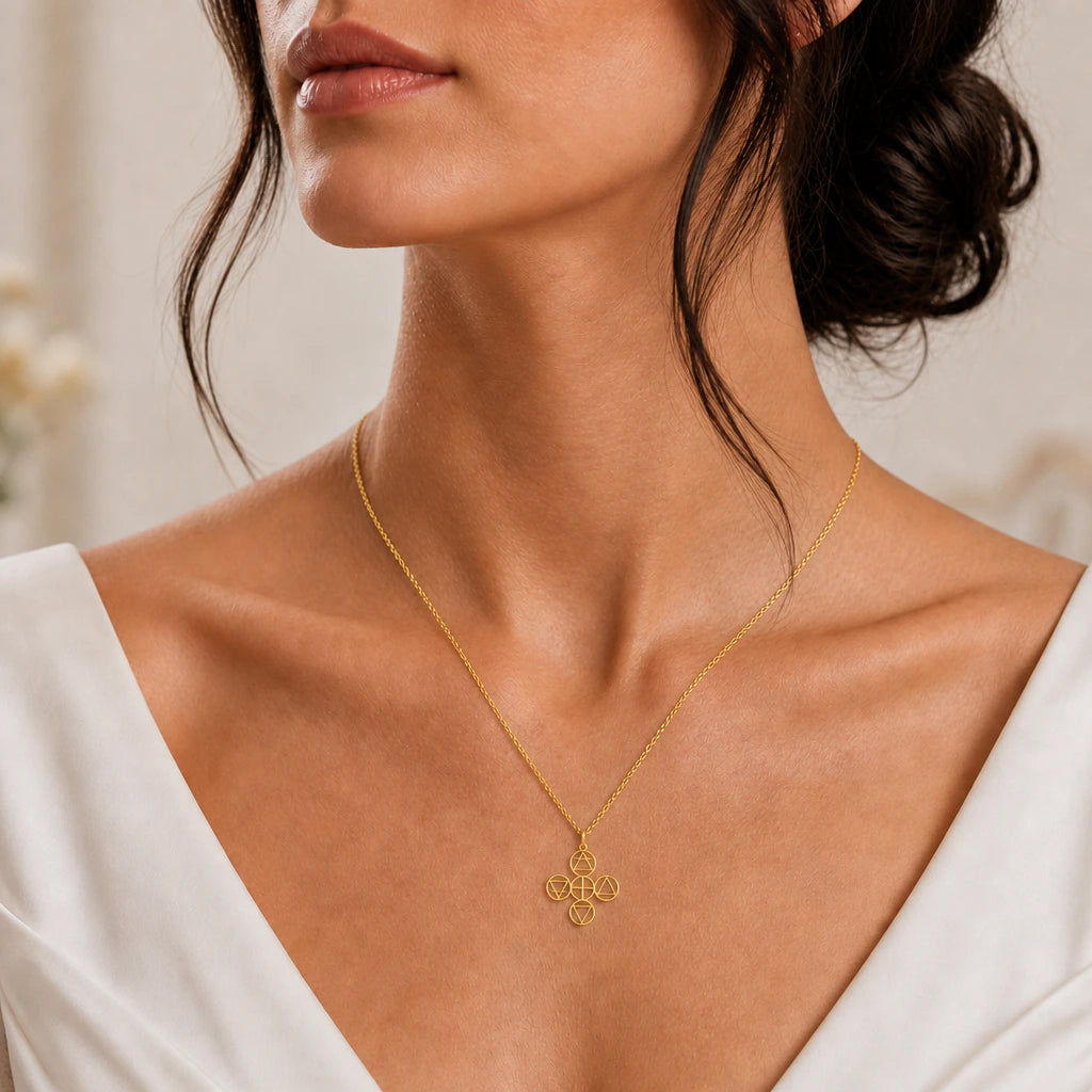 Four Elements Symbol Pendant Necklace worn, second view