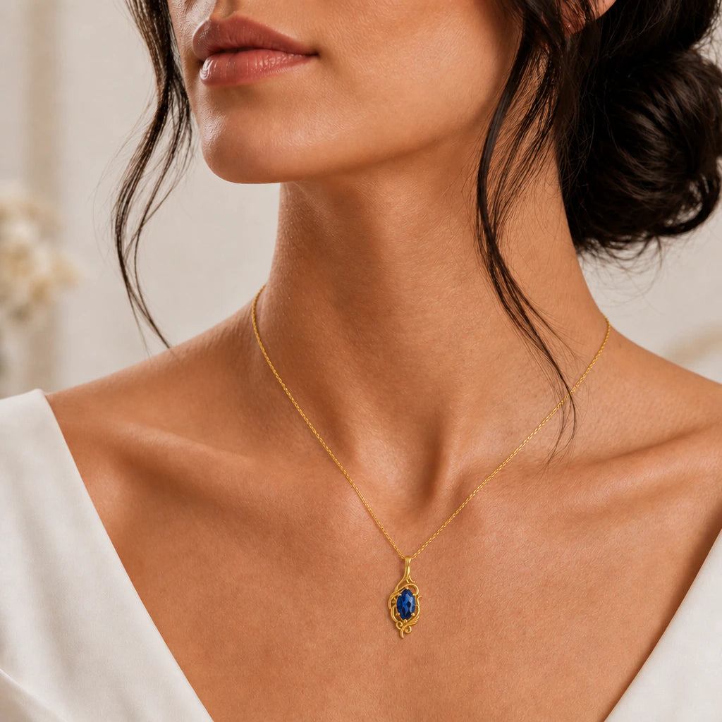 Elven vine birthstone pendant necklace worn, close-up