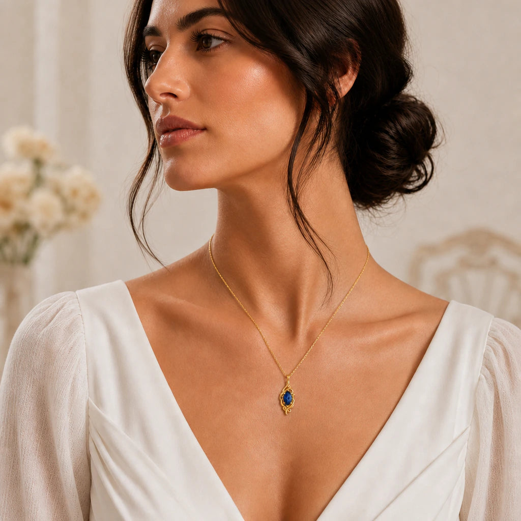 Elven vine birthstone pendant necklace worn by a model