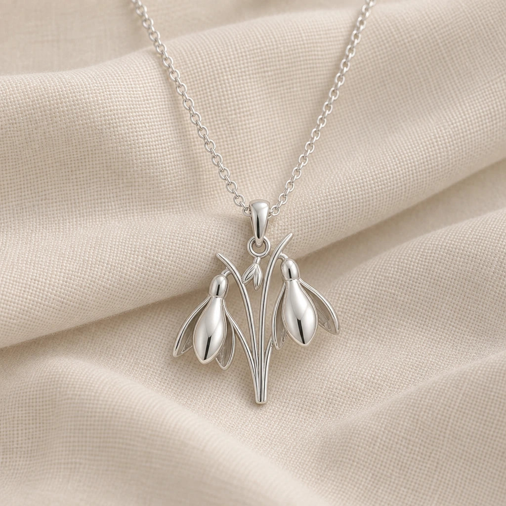 925 sterling silver snowdrop flower pendant necklace on cream fabric