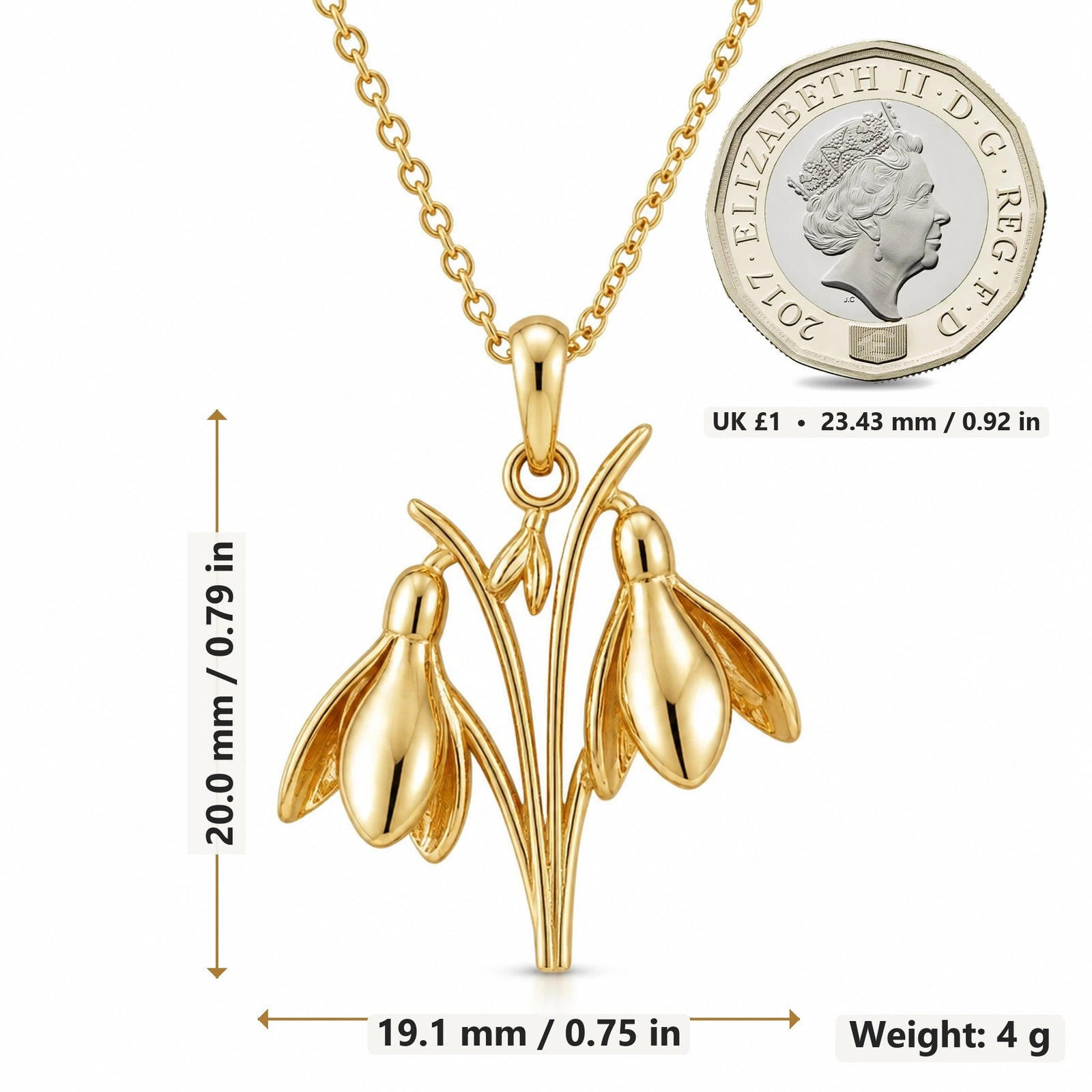 Snowdrop Flower pendant necklace size image showing 20.0 mm height, 19.1 mm width and 4 g weight