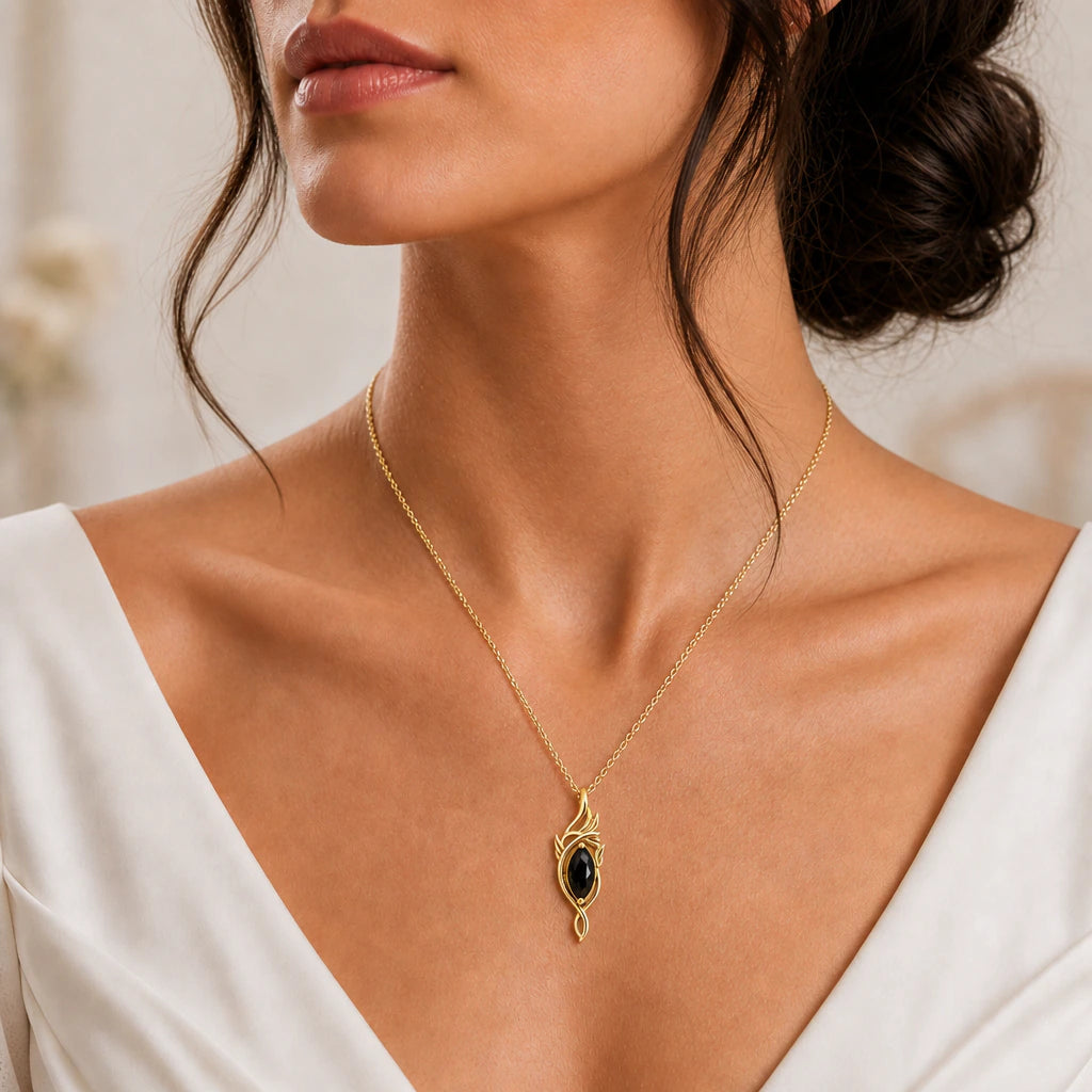 Elven flame birthstone pendant necklace worn, close-up