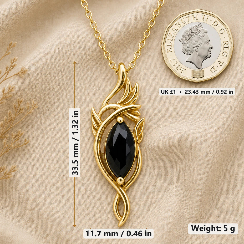 Elven flame necklace size image showing 33.5 mm height, 11.7 mm width and 5 g weight beside a UK pound coin